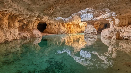 Serene Underground Cave with Clear Water Reflections