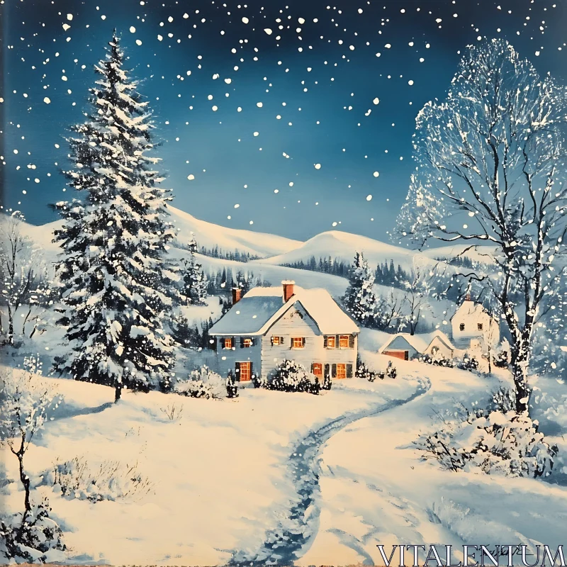 Serene Winter Wonderland with a Cozy Cabin AI Image