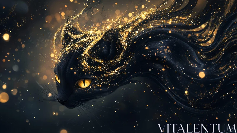 Fantasy Black Cat Surrounded by Golden Lights AI Image