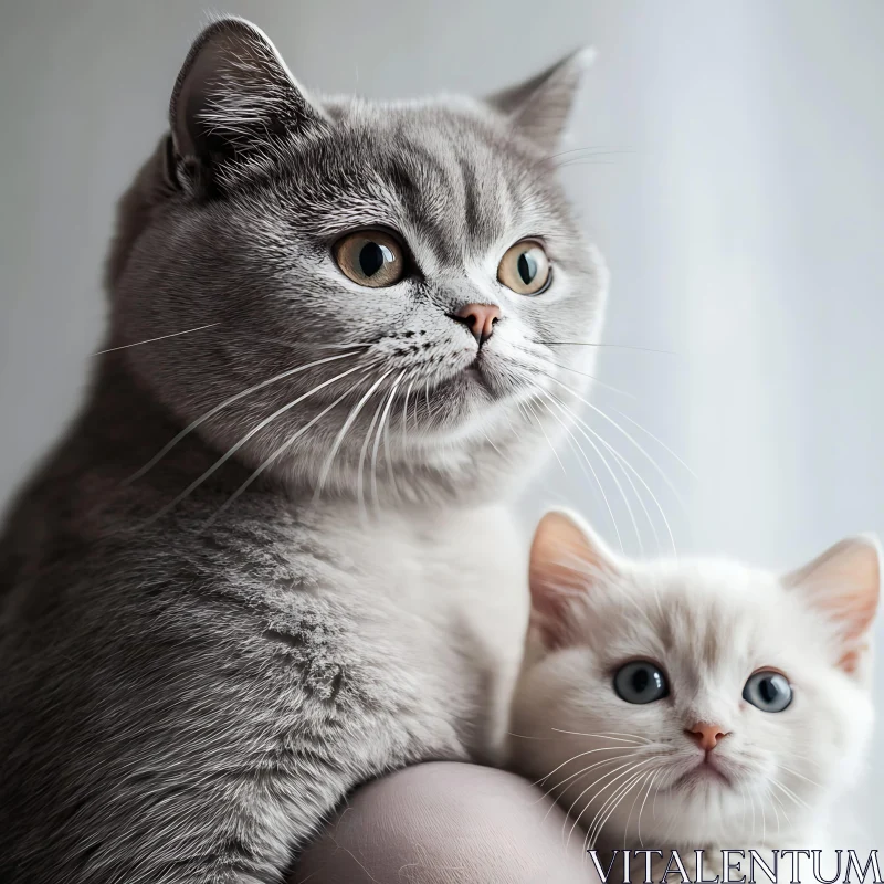 Grey Cat and White Kitten Close-Up AI Image