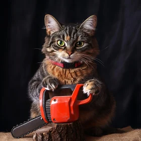 Feline Humor with Chainsaw Prop