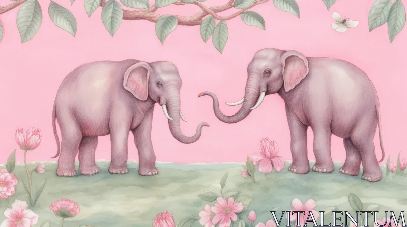 Elephants Watercolor Painting in Pink Field AI Image