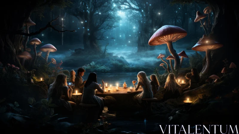 Gatherings in the Enchanted Forest: A Captivating Table of Mushrooms AI Image