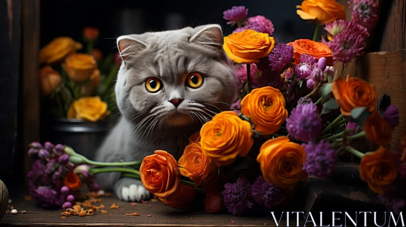 AI ART Gray Cat with Orange Eyes and Flowers