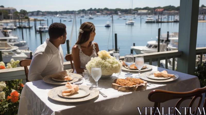 Luxurious Outdoor Dining at Serene Harbor - Candid Couple Moment AI Image