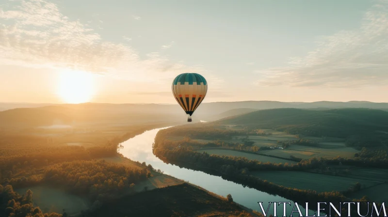 AI ART Majestic Hot Air Balloon Floating Over River and Countryside at Sunset