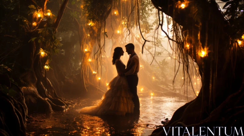 Mysterious Love Tales: Romantic Couple in a Candlelit Forest AI Image