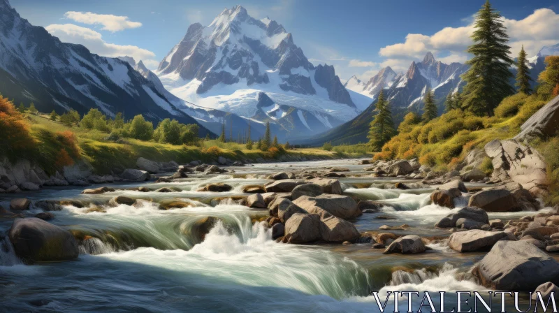 River Flowing Between Mountains Storybook Illustration AI Image