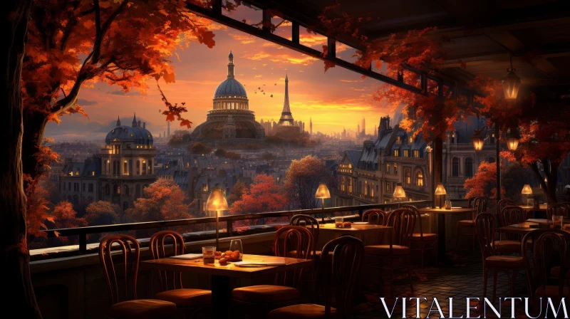 Romantic Cityscape: Autumn Leaves Adorn a Cozy Restaurant AI Image