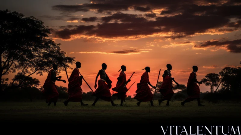 Silhouetted Warriors Marching at Sunset in Majikeli Reserves AI Image