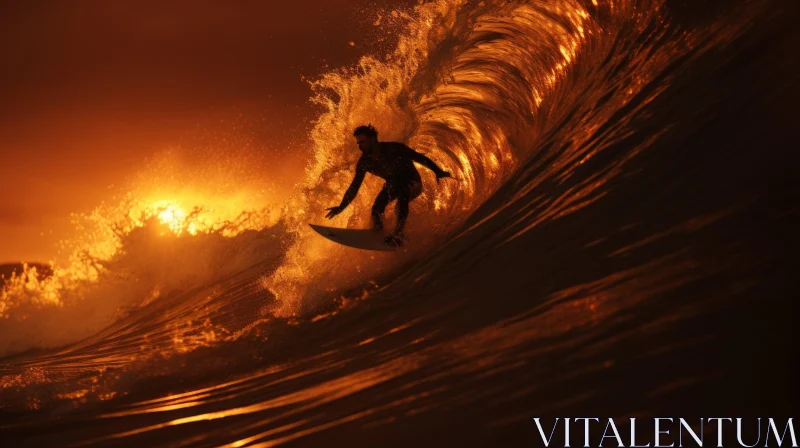 Surfer Riding a Wave at Sunset: Captivating Moment in Dark Amber and Gold AI Image