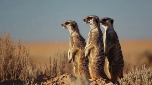 Three Meerkats Standing on a Sand Dune in the Desert