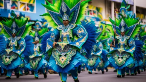 Vibrant Parade of Blue and Green Dancers | Maranao Art