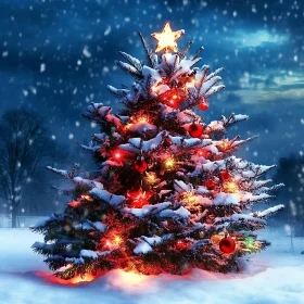 Festive Christmas Tree with Lights in Winter Night