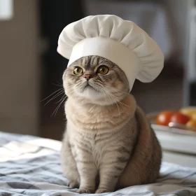 Fluffy Cat Chef in a Warm Kitchen Setting
