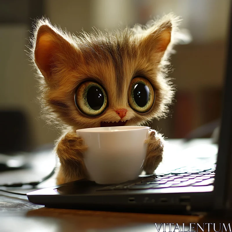 Charming Kitten Enjoying Coffee at a Laptop