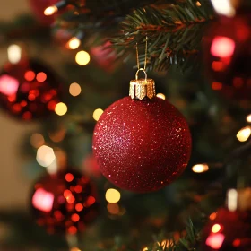 Festive Red Ornament on Christmas Tree