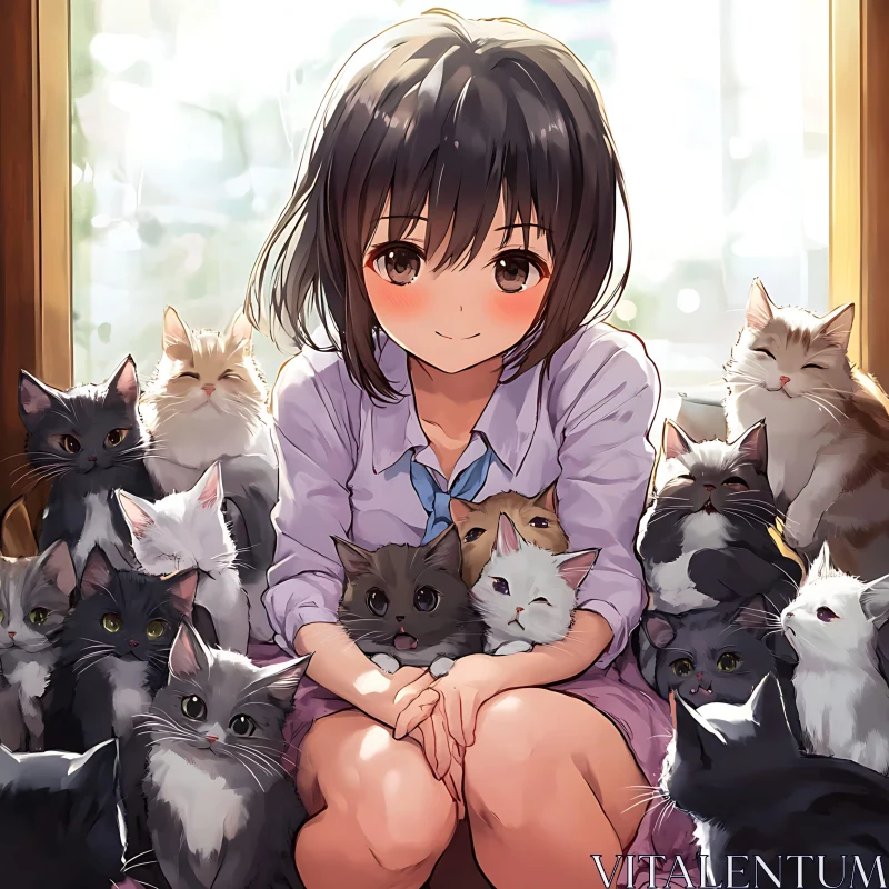 Charming Anime Illustration with Girl and Cats