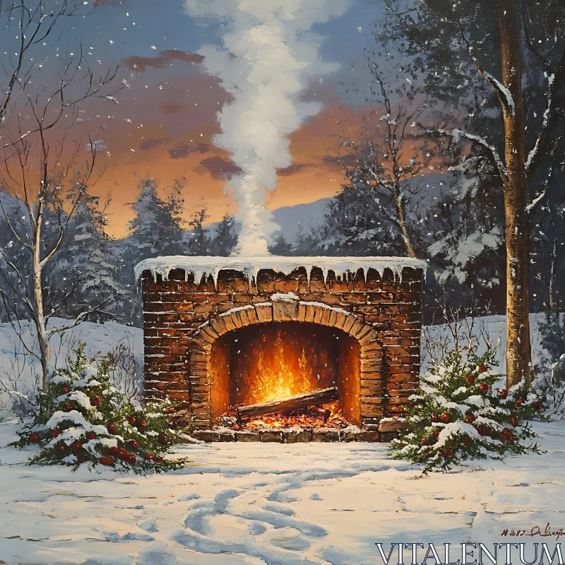 Snowy Landscape With Sunset and Fireplace AI Image