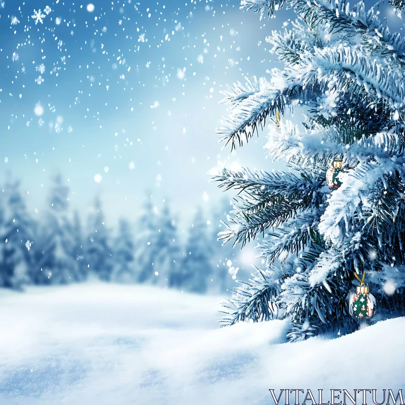 Snow-Covered Pine Tree with Falling Snowflakes
