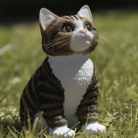 Lifelike Brown and White Cat Figurine on Grass