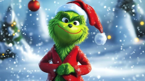 Festive Green Character in Winter Wonderland