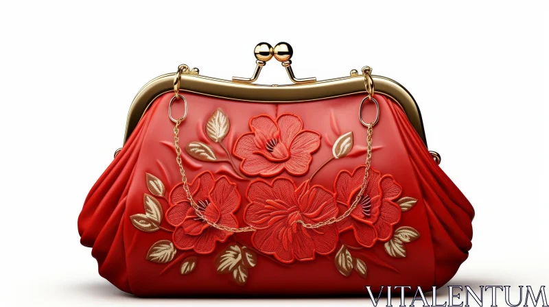 AI ART Chic Red Leather Handbag with Floral Pattern