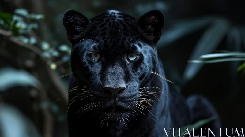 Close-Up of a Black Panther with Green Eyes in a Dark Forest AI Image