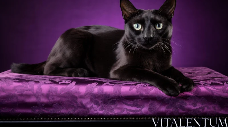 AI ART Curious Black Cat on Purple Fabric