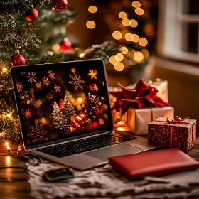 Holiday Decorations with Laptop and Gifts