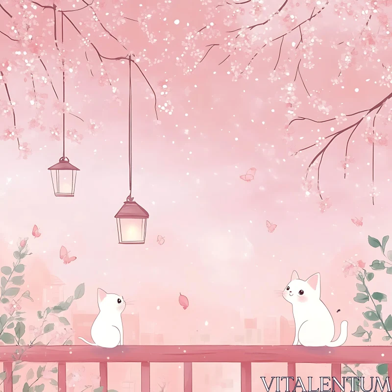 Whimsical Scene of White Cats and Cherry Blossoms