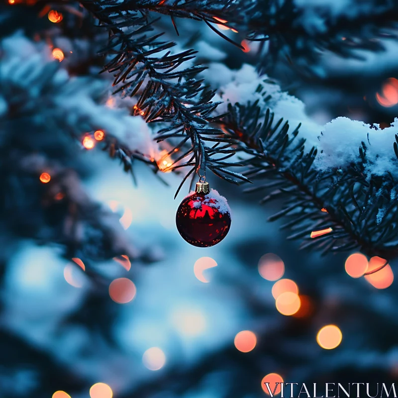 Close-Up of a Red Christmas Ornament and Snowy Branch AI Image