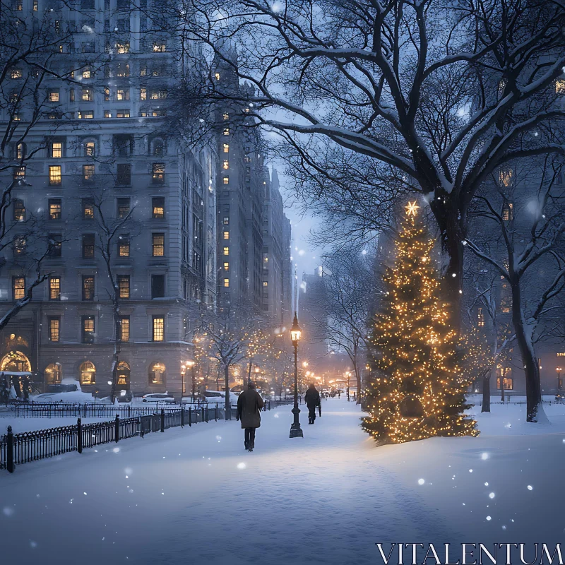 Snowy City Night with a Festive Christmas Tree