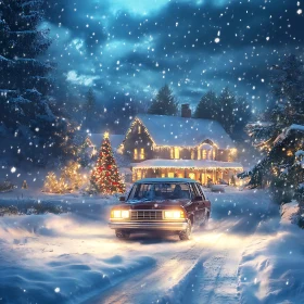 Festive Winter Night with Christmas Lights and Snow