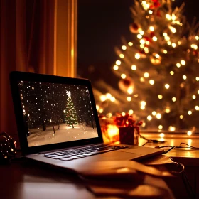 Festive Holiday Ambience with Tree and Laptop Display