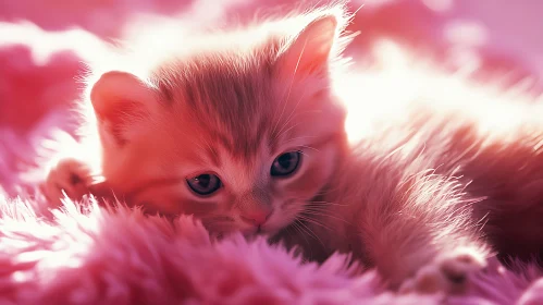 Cute Kitten Relaxing on Pink Blanket