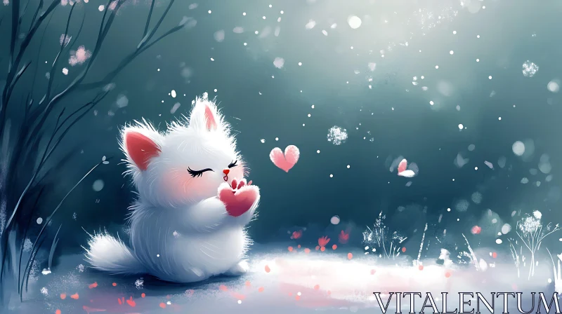 Adorable Cartoon Cat Holding a Heart in Snowy Landscape AI Image