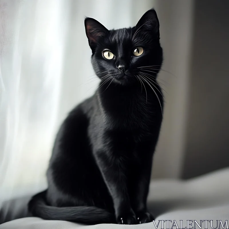 Serene Black Cat with Glossy Fur and Green Eyes