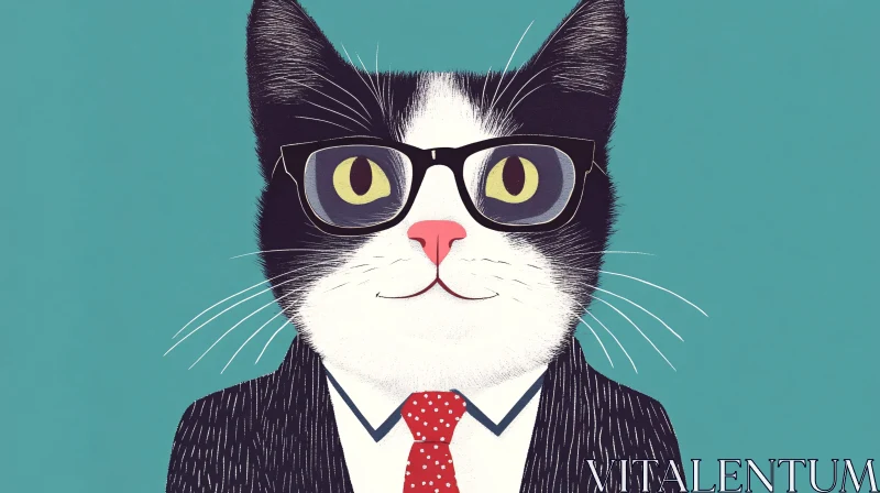 Formal Cat Wearing Glasses and Tie AI Image