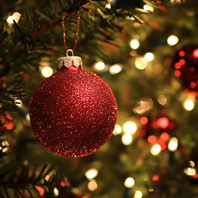 Red Sparkling Ornament on Christmas Tree