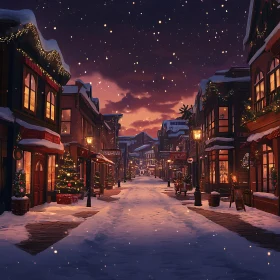 Holiday-Themed Snowy Street Scene in Quaint Town