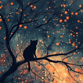 Dreamy Night Scene with Cat Silhouette