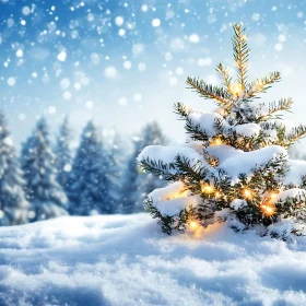 Snow-Covered Christmas Tree with Lights