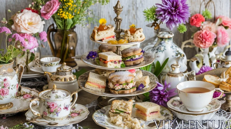 AI ART Elegant Afternoon Tea Table Setting with Sandwiches, Scones, and Pastries