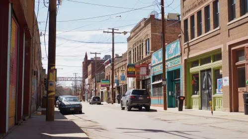 Enchanting City Street Scene with Brick Buildings and Artwork