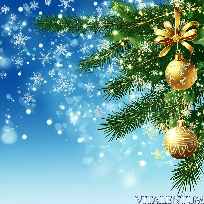 Holiday Scene with Pine Branches and Gold Decorations AI Image