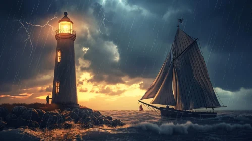 Powerful Digital Painting of a Lighthouse and Sailboat in a Storm