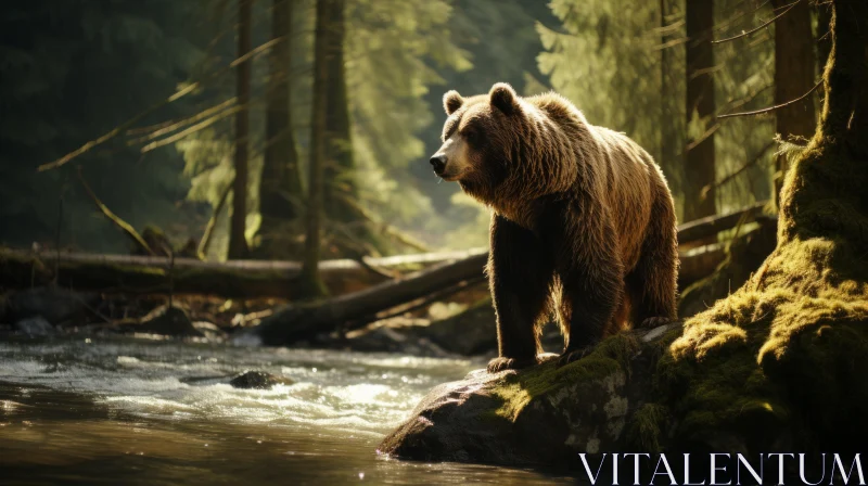 Romantic Depiction of Brown Bear in Golden Lit Forest AI Image