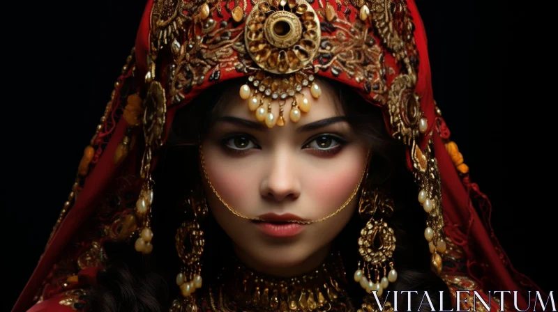 Serious Young Woman in Oriental Jewelry AI Image