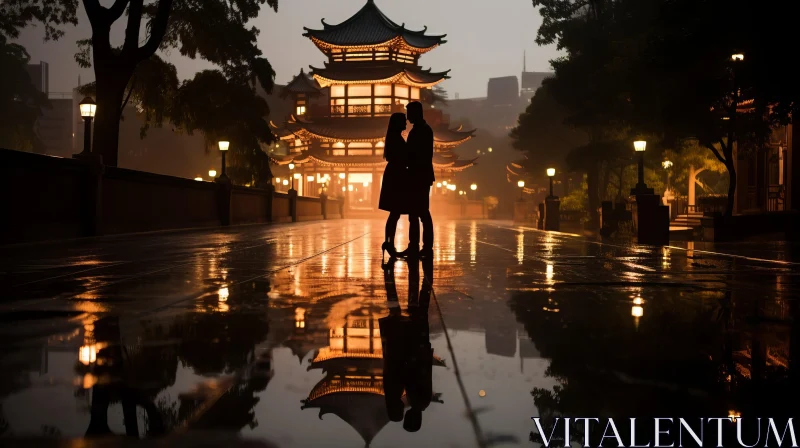 Silhouette of Young Couple in Rain at Chinese Pagoda - Neo-Geo Style AI Image